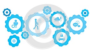 Connected gears and vector icons for logistic, service, shipping, distribution, transport, market, communicate concepts. workers,