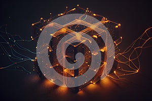 Connected glowing 3d grid, digitalization, wave, network created