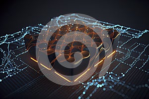 Connected glowing 3d grid, digitalization, wave, network created