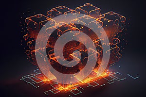 Connected glowing 3d grid, digitalization, wave, network created