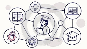 Connected Learning Network with Educational Icons, vector design Generative AI