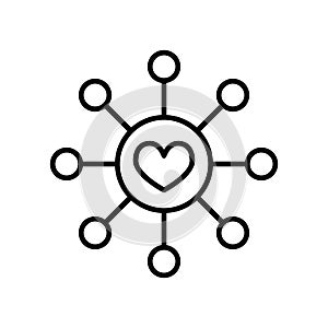 Connected loving heart line icon, outline vector sign, linear style pictogram isolated on white. Hub and spoke with