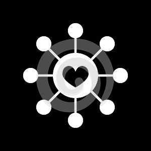 Connected loving heart line icon, solid vector sign, linear style pictogram isolated on black. Hub and spoke with heart