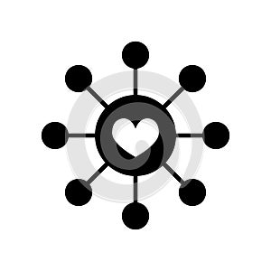 Connected loving heart line icon, solid vector sign, linear style pictogram isolated on white. Hub and spoke with heart