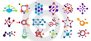 Connected molecules. Molecule connection model, chemistry particle and color molecular structure isolated flat vector photo