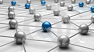 Connected network of blue and silver spheres