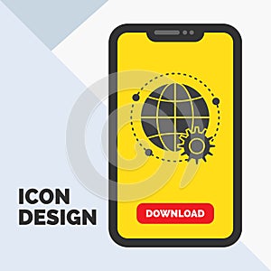connected, online, world, globe, multiplayer Glyph Icon in Mobile for Download Page. Yellow Background