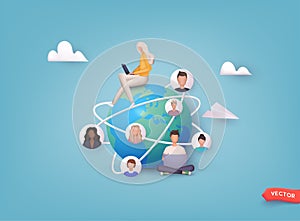 Connected people as social community networking worldwide. Cooperation and teamwork using internet connection. 3D Web Vector