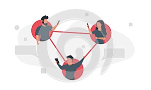 Connected people social network together. Man and woman communicate with gadgets online. Fast and easy communication concept