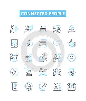 Connected people vector line icons set. Networking, Socializing, Linked, Together, Associated, United, Related
