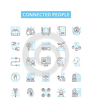 Connected people vector line icons set. Networking, Socializing, Linked, Together, Associated, United, Related