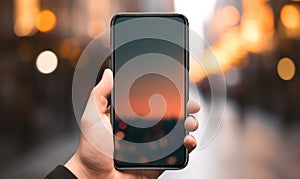 Connected Realities: Man's Hand Holds Vertical Smartphone Amidst Blurred Background