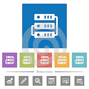 Connected servers flat white icons in square backgrounds