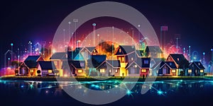 Connected Society Digital Community and Smart Homes in Suburban Houses at Night. Generative AI