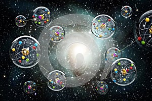 Connected spheres with molecules connected to each other. Parallel universes concept. 3D illustration