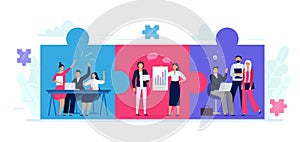 Connected teams puzzle. Office workers team cooperation, teamwork collaboration and business partnership. People work