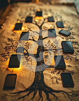 Connected Technology Tree with Glowing Screens