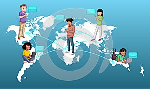 Connected teens with smart phone and computer over earth globe.