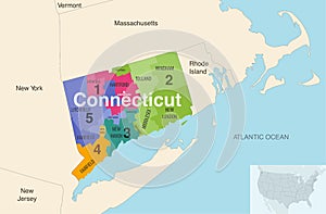 Connecticut state counties colored by congressional districts vector map with neighbouring states and terrotories