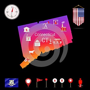 Connecticut Vector Map, Night View. Compass Icon, Map Navigation Elements. Pennant Flag of the USA. Industries Icons