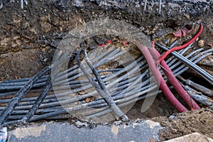 Connecting fiber optic internet connection network cables.