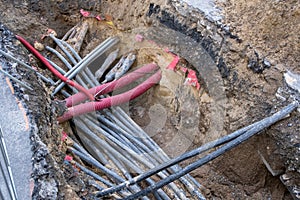 Connecting fiber optic internet connection network cables. Upgrade infrastructure in the city.