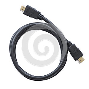 Connecting HDMI cable isolated white background. Tech, electronic, computer, communication cable.