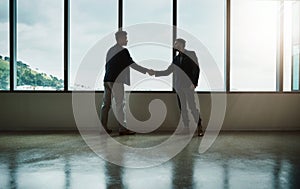Connecting with an influential client. two young businessmen shaking hands in a modern office.