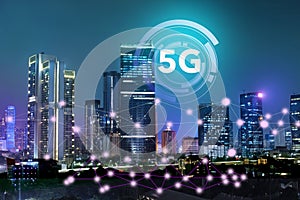 The internet network on the 5G technology system on business buildings and skyscrapers as the business center of the city of