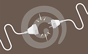 Connecting plug and electrical extension cable illustration. White cords with joined together household and industrial photo