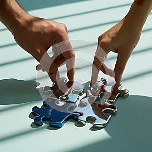 Connecting puzzle pieces depicting collaboration and problem solving with diverse hands