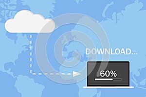 Connecting to internet upload computer wireless sending information.Cloud connection laptop. Flat EPS 10
