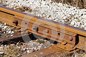 Connecting two rails. Train tracks underlay, rails and crushed stones Gap Between Rails at Fishplate