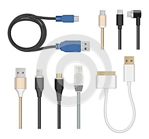 Connection cables. Computer and mobile devices charging cord electric cable plugs usb pc vector realistic collection