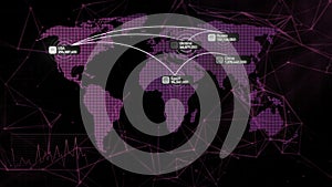 Connection between countries on a world map. Motion. Concept of economic relations between countries, abstract map and