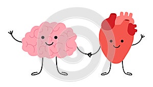 Connection of cute healthy happy brain and heart characters. Relation health of human brain and heart. Unity of logic