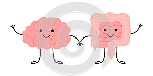 Connection of cute healthy happy brain and intestine gut characters. Relation health of human brain and gut, second