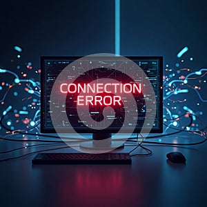 Connection Error Warning on Computer Screen in Futuristic Office