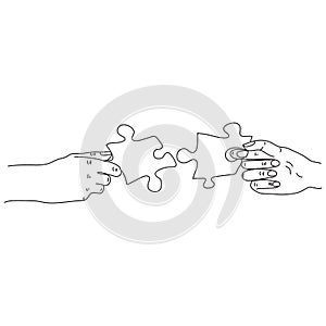 Connection. Hands trying to fit two puzzle pieces together. Puzzle icon, teamwork concept. Vector