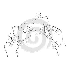 Connection. Hands trying to fit two puzzle pieces together. Puzzle icon, teamwork concept. Vector