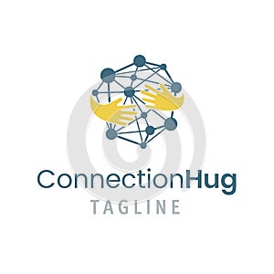 Connection hug logo template. Vector illustration of creative emblem with concept of friendship, teamwork, people