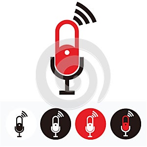 connection microphone set icon for broadcast or podcast sign - red and black illustrations microphone set icon