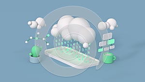 Connection between mobile phone and cloud data center 3D render illustration