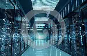 Connection network in servers data center room storage systems 3D rendering