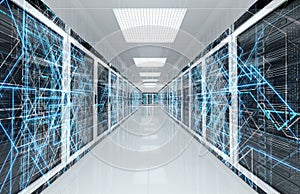 Connection network in servers data center room storage systems 3D rendering