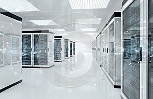 Connection network in servers data center room storage systems 3D rendering