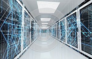 Connection network in servers data center room storage systems 3D rendering