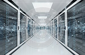 Connection network in servers data center room storage systems 3D rendering