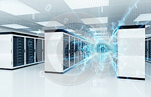 Connection network in servers data center room storage systems 3D rendering