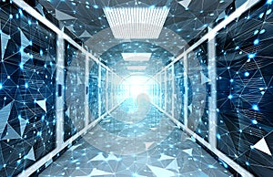 Connection network in servers data center room storage systems 3D rendering